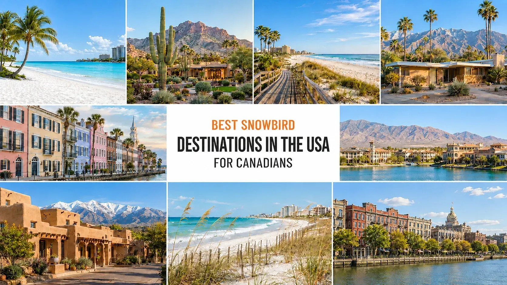 Travel collage titled “Best Snowbird Destinations in the USA for Canadians,” featuring sunny beaches, desert landscapes and historic streets across Florida, Arizona, Texas, California, South Carolina, Nevada, New Mexico, Alabama and Georgia.
