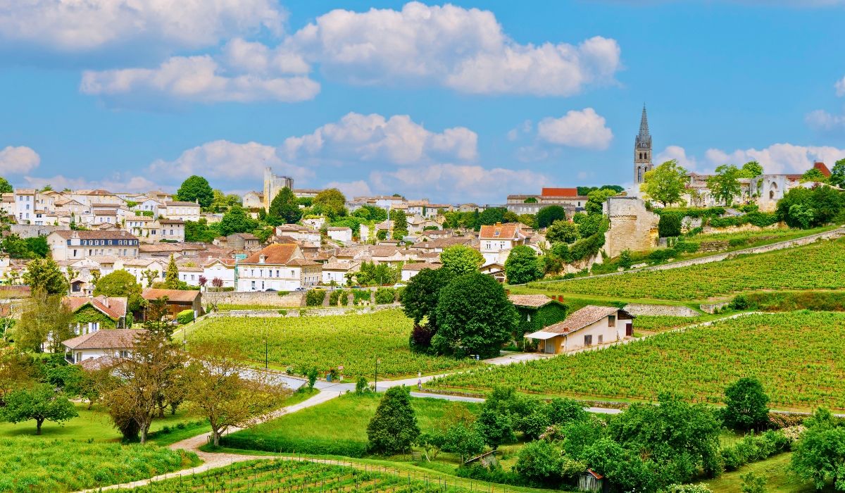 A panoramic view of Bordeaux's historic cityscape, showcasing classical architecture along the Garonne River under a clear blue sky.