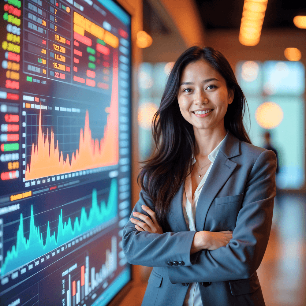 Confident businesswoman standing beside a digital financial dashboard displaying global investment trends and stock data.