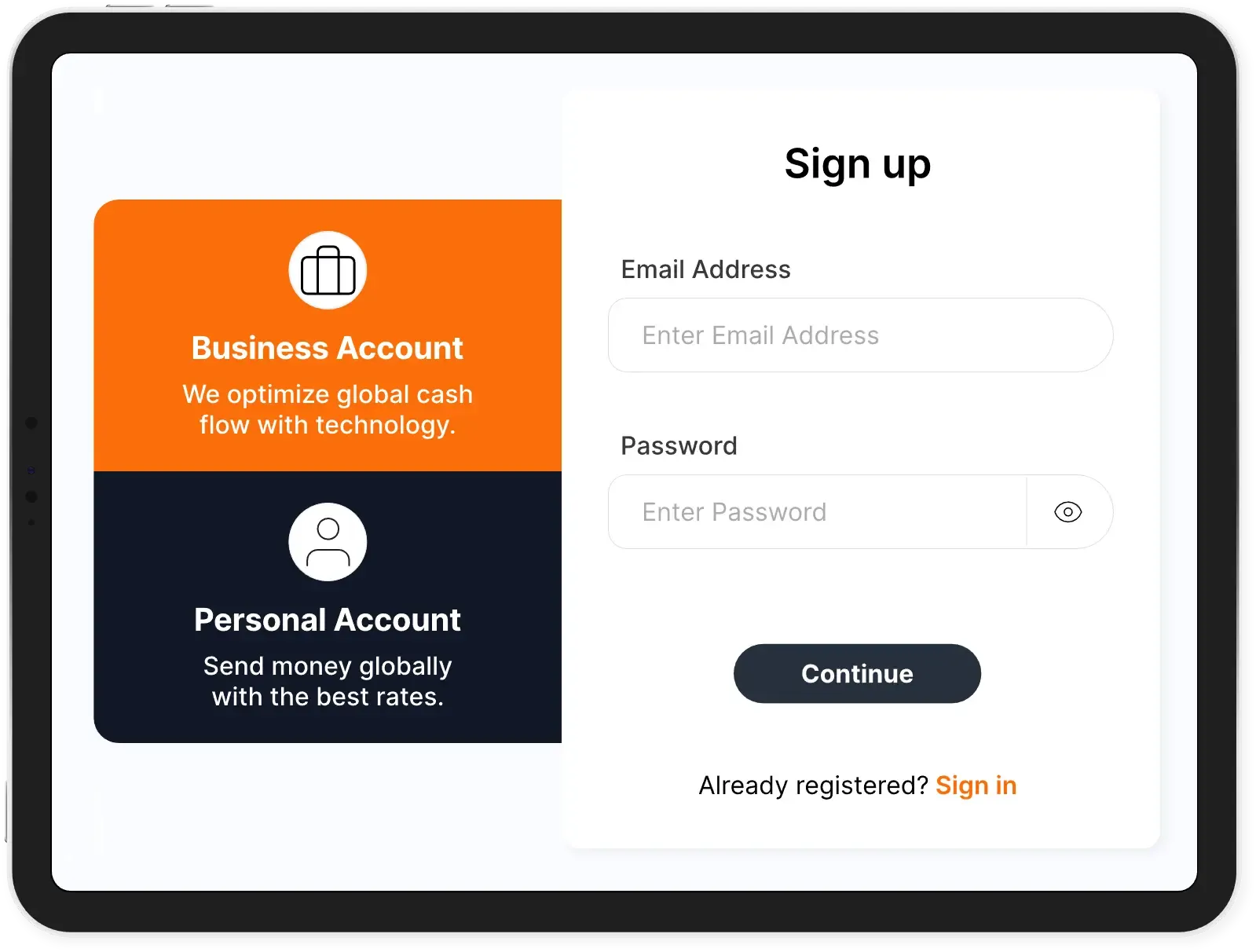 Tablet screen displaying MTFX sign-up interface with business account option highlighted for optimizing global cash flow using technology.