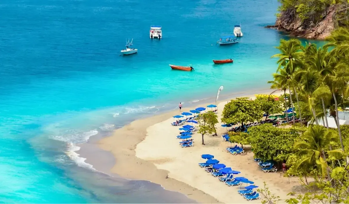 A scenic beach in Costa Rica with turquoise water, anchored boats, and rows of blue lounge chairs under palm trees.
