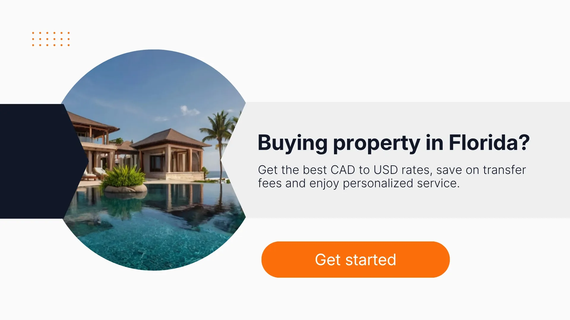 MTFX ad promoting CAD to USD currency exchange for buying property in Florida, showing a modern city skyline and riverfront with a call-to-action to get started.