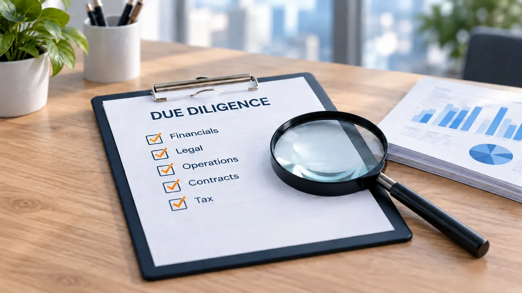 Due diligence checklist with financial, legal, operations, contracts and tax items, shown with a magnifying glass and business charts on an office desk.