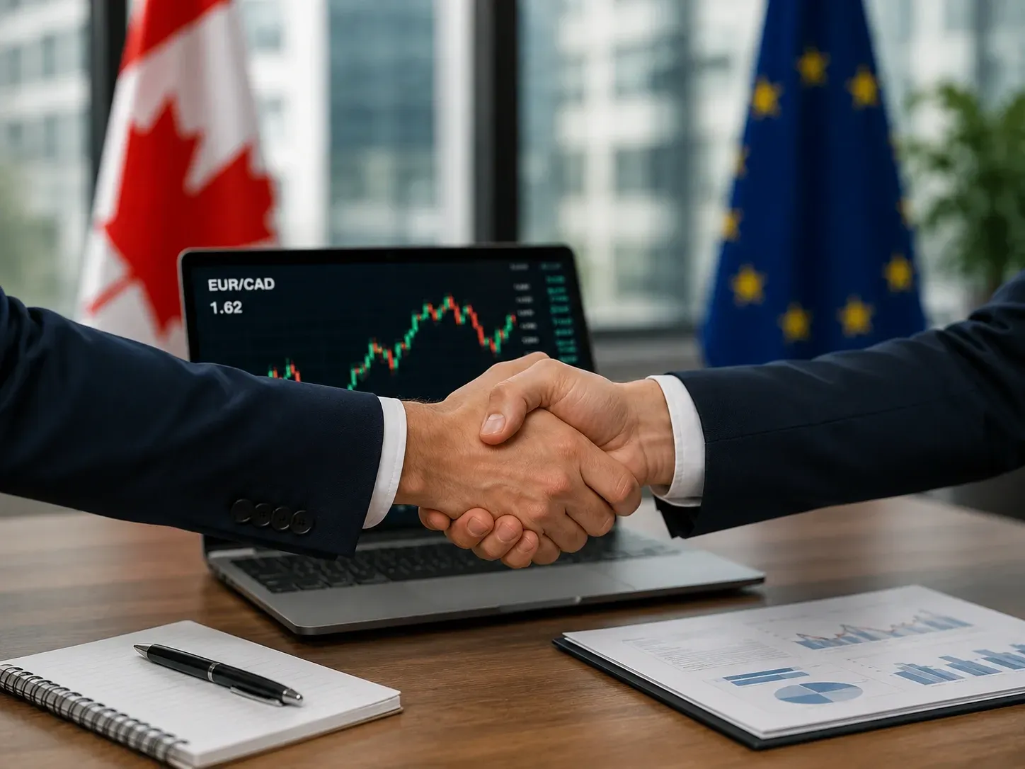 Laptop displaying an EUR/CAD exchange-rate chart at 1.62, with Canadian and European Union desk flags in a modern office setting.
