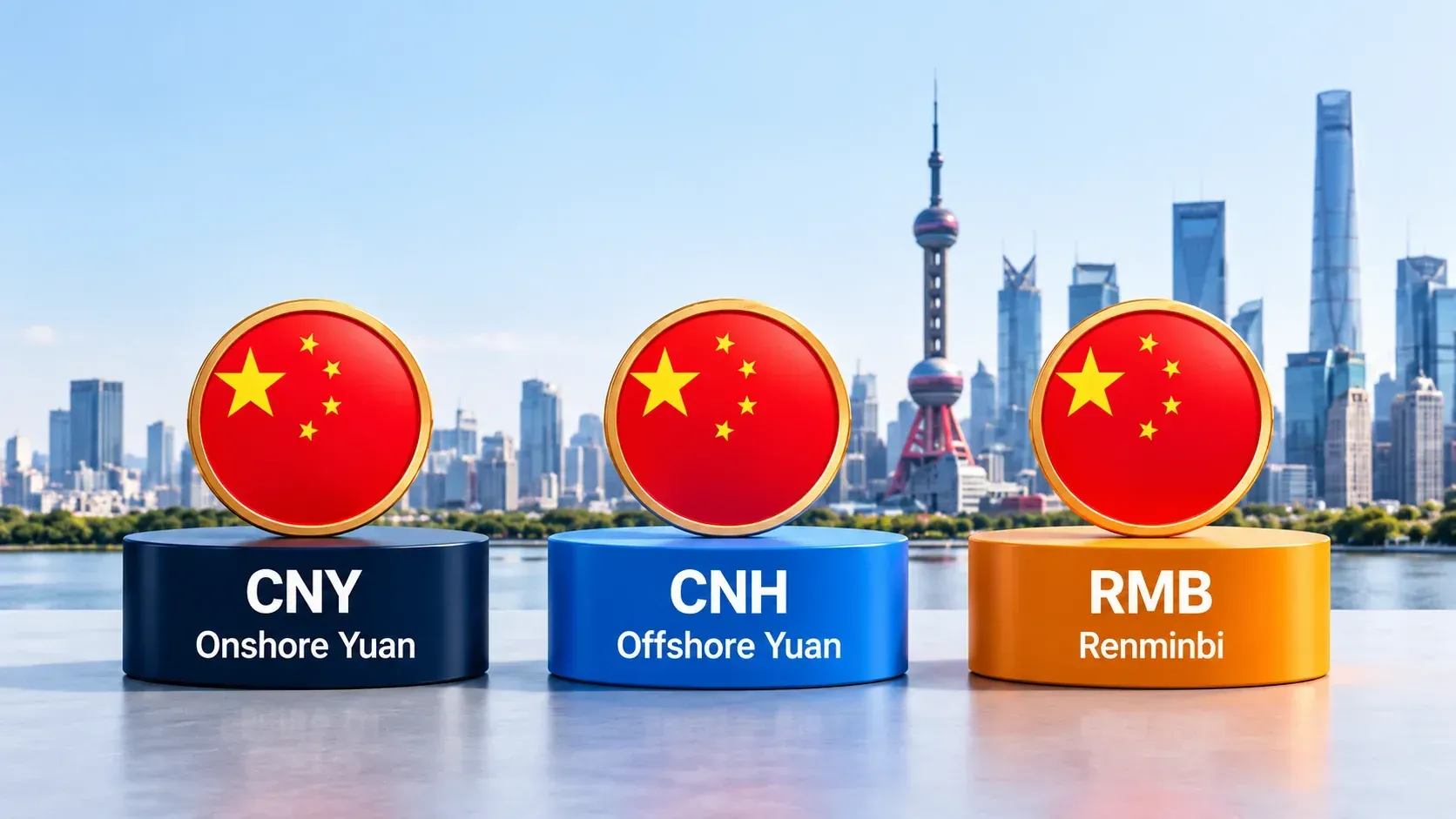  CNY onshore yuan, CNH offshore yuan and RMB Renminbi shown against the Shanghai skyline to explain the differences between Chinese currency terms.