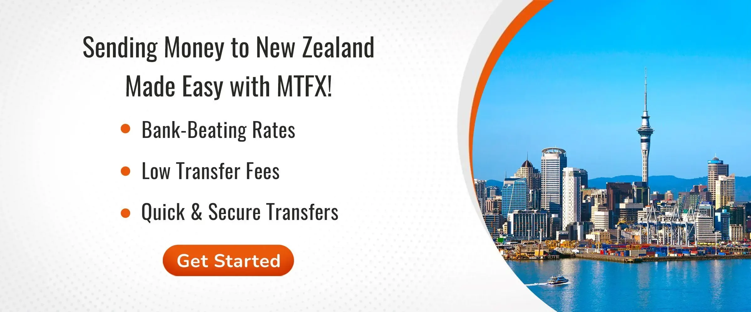 Promotional banner highlighting MTFX's money transfer services to New Zealand, featuring Auckland’s skyline and benefits like bank-beating rates, low fees, and secure transfers.