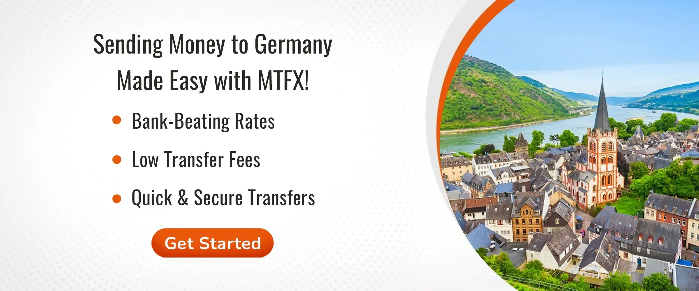 Promotional banner for sending money to Germany with MTFX, featuring scenic German town and text highlighting bank-beating rates, low transfer fees, and secure transfers.