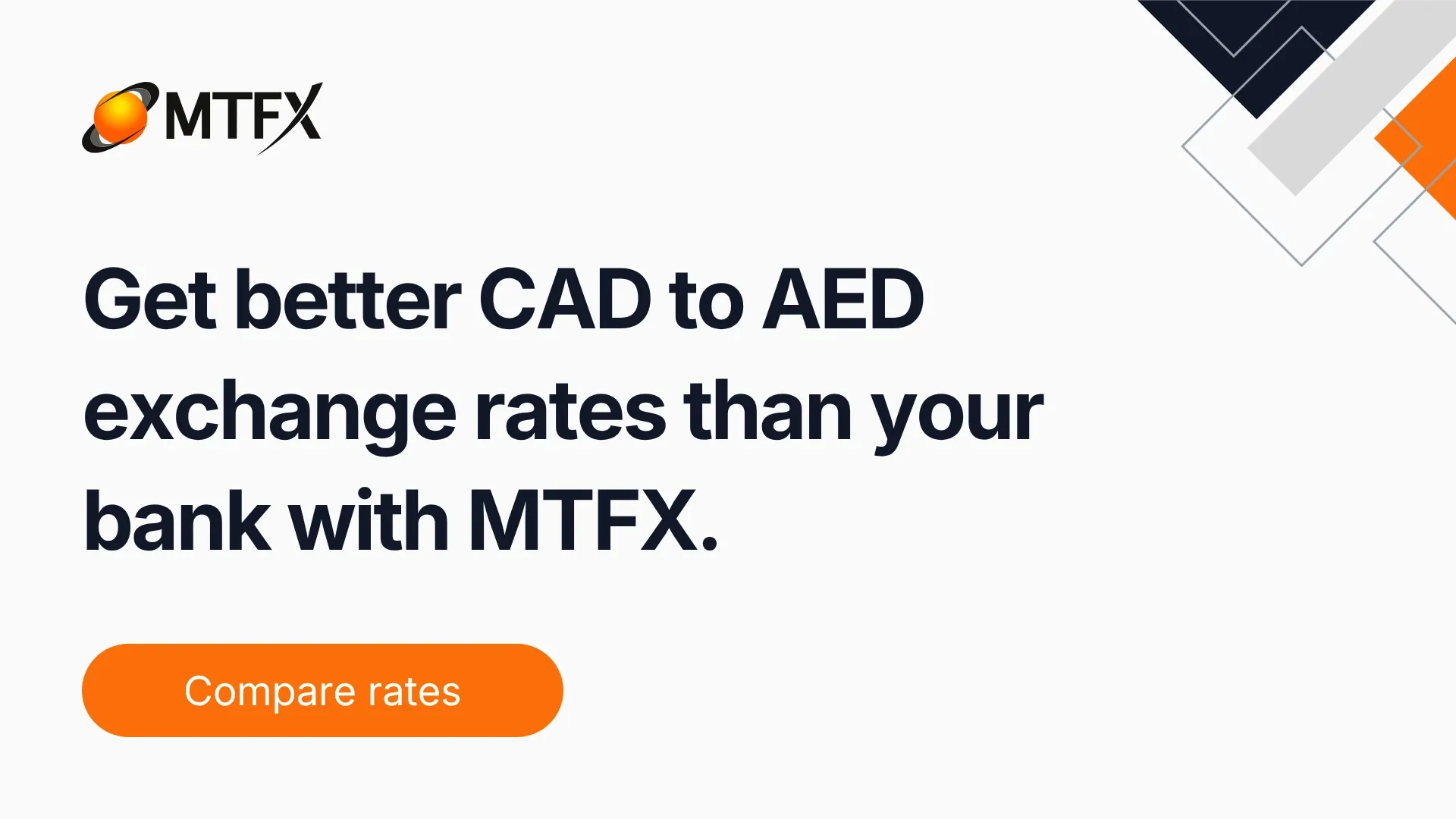 MTFX banner promoting better CAD to AED exchange rates than banks with a compare rates button.