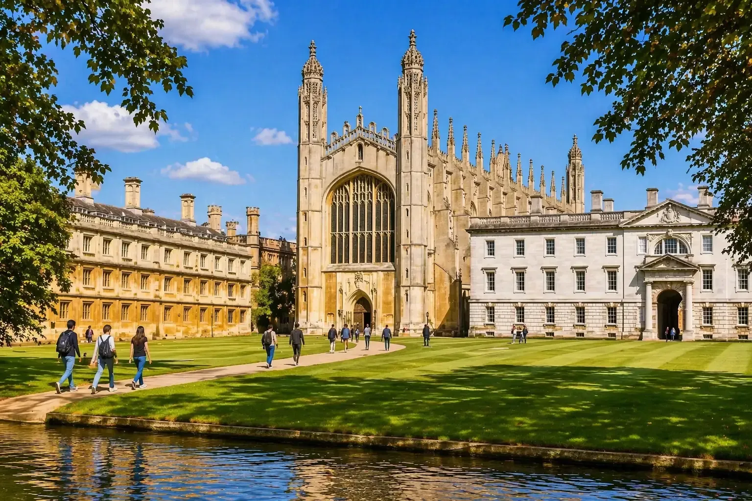 Scenic view of Cambridge University with the iconic chapel, elegant historic buildings, green lawns, and reflective water in the foreground beneath clear skies.