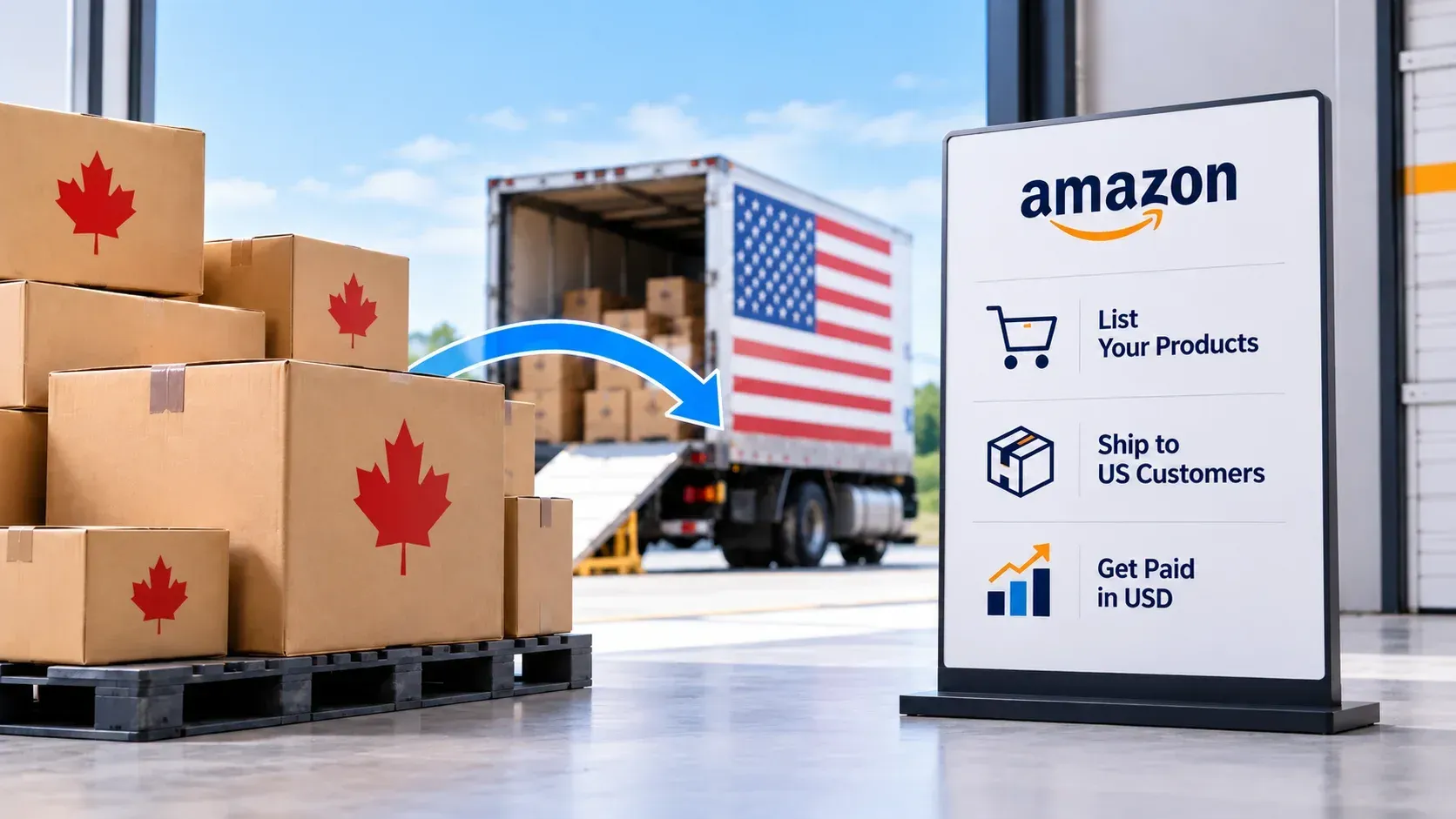 Canadian products being shipped to the USA for Amazon sales, showing cross-border delivery, product listings, and USD payments.