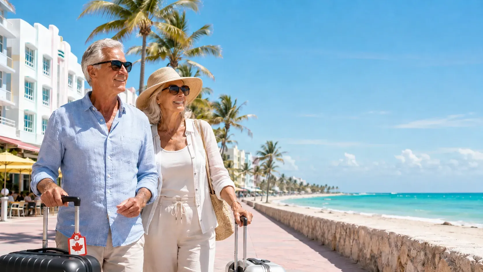 Older couple with rolling luggage walks along a sunny beachfront promenade lined with palm trees and hotels.