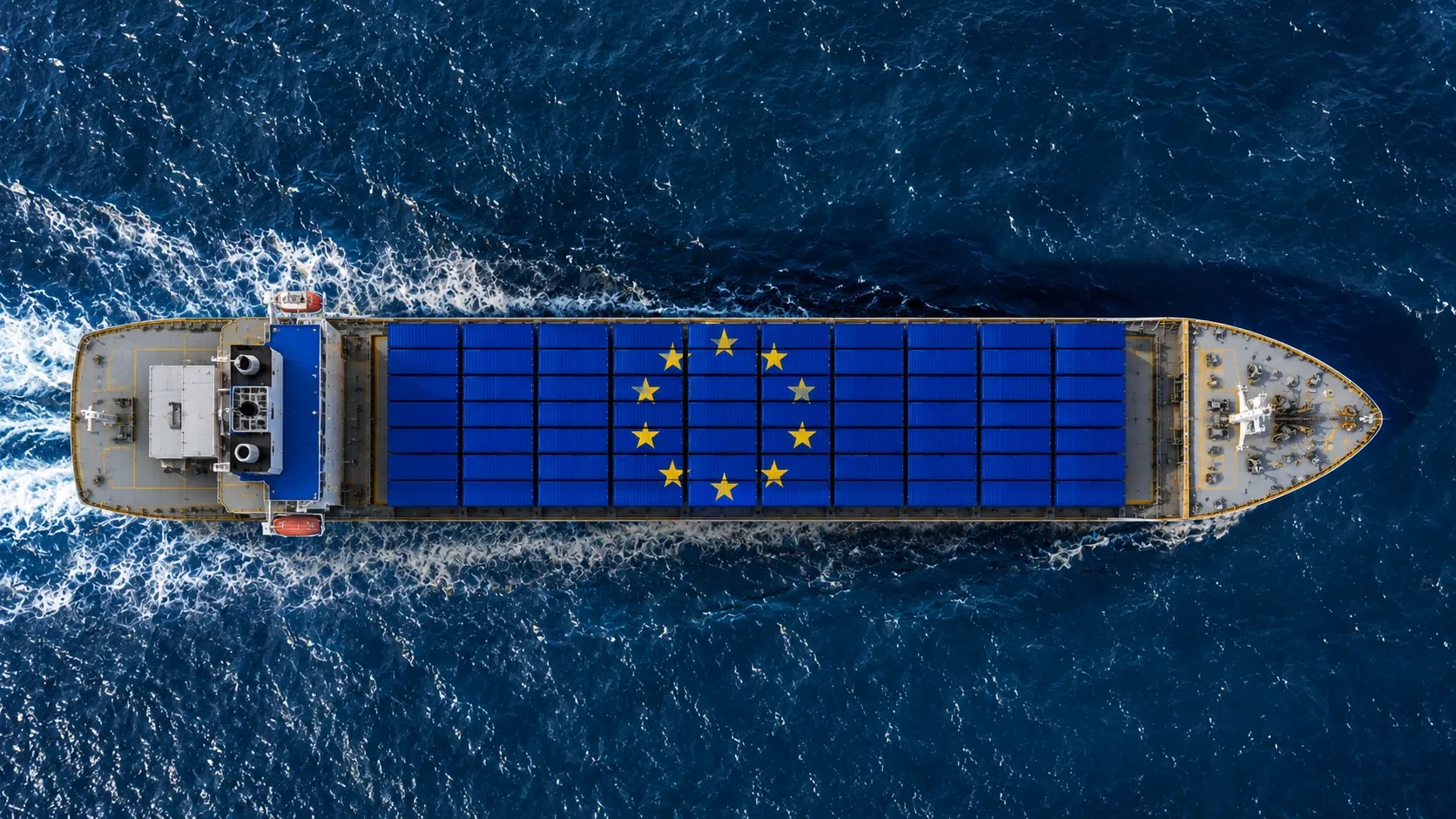 Aerial view of a container ship transporting European goods across the ocean, symbolizing Canada–Europe imports, international freight shipping, global trade, and supply chain logistics.
