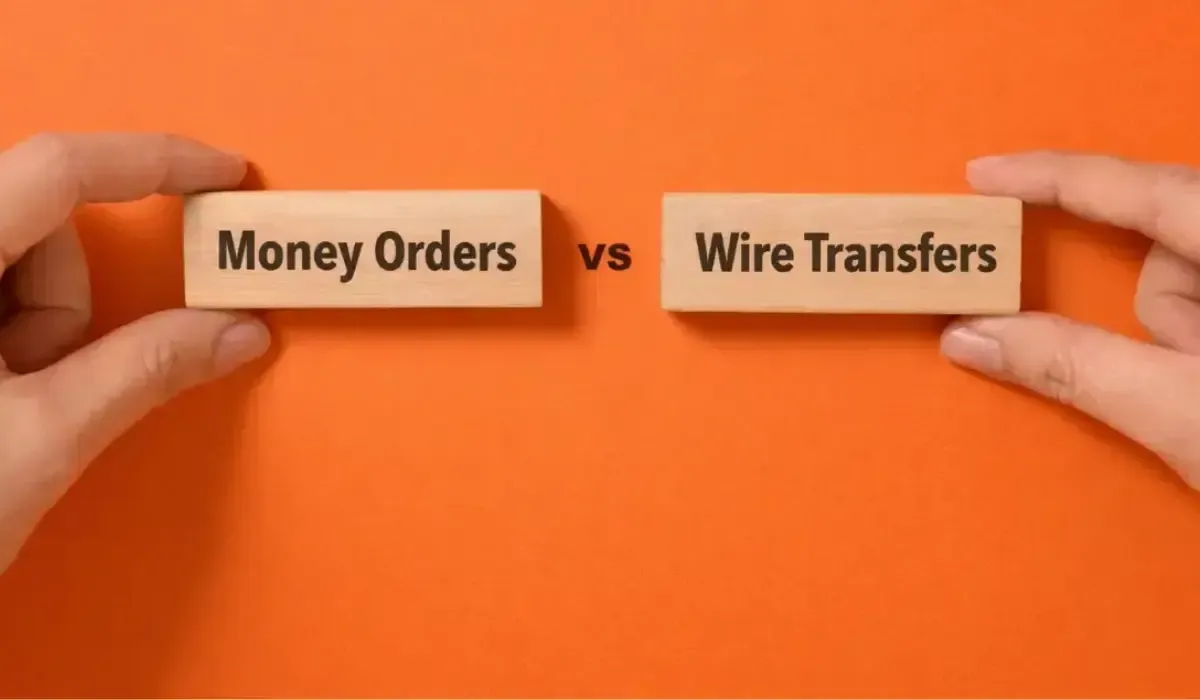 Two hands holding wooden blocks labelled Money Orders and Wire Transfers against a bright orange background, with “vs” between the blocks to compare payment methods.