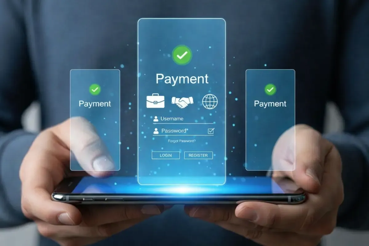Digital mobile payment interface with business icons and secure login displayed above a smartphone in a futuristic setting