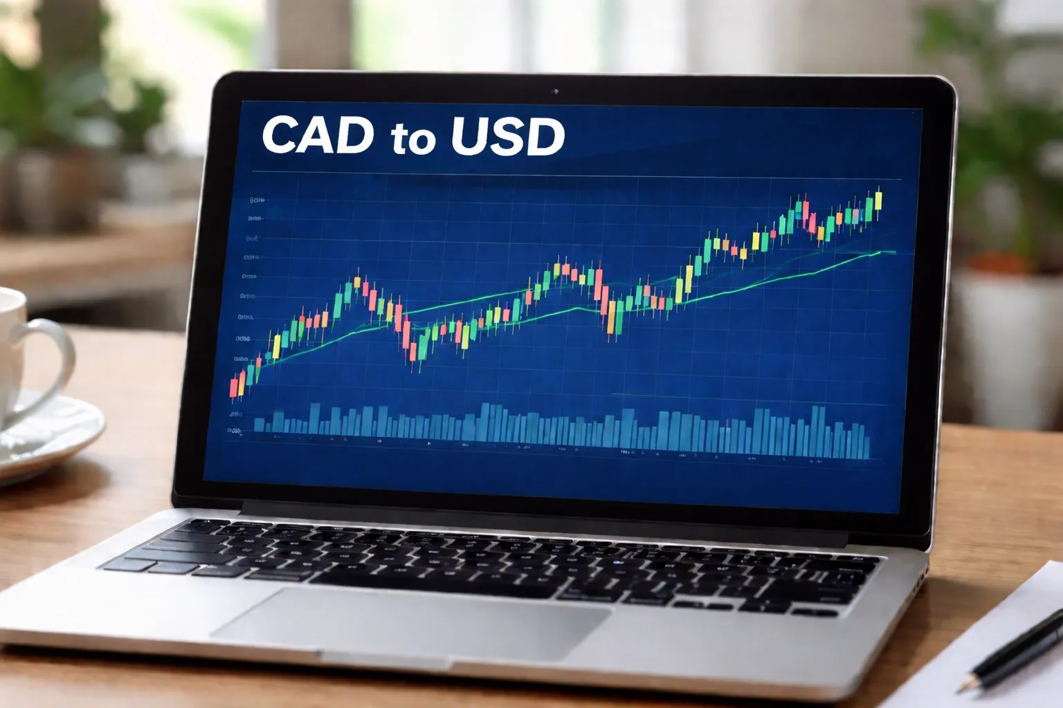 Laptop displaying CAD to USD currency trend chart on screen, illustrating exchange rate movement in a clean workspace setting.