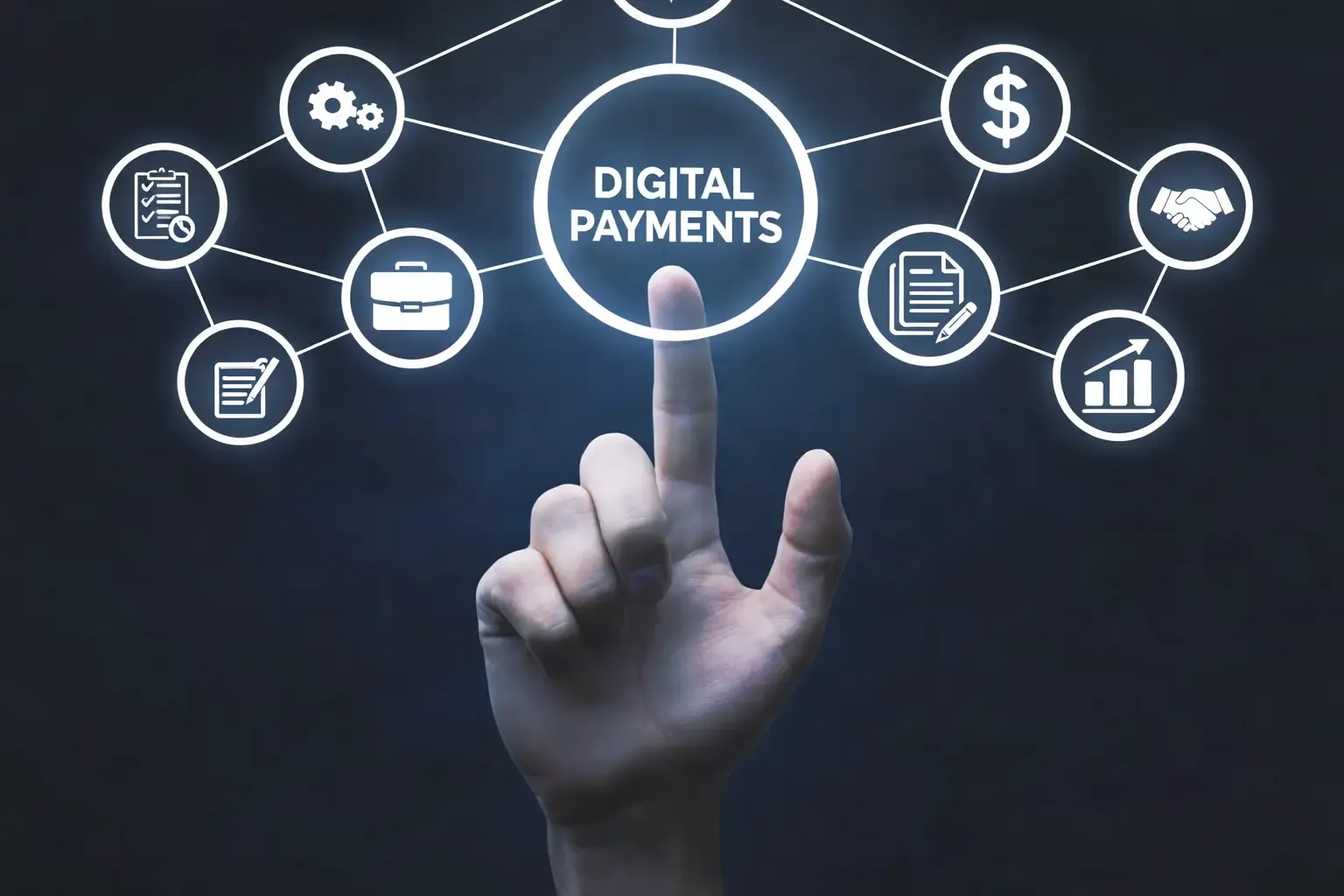 Hand pointing to glowing Digital Payments interface with soft MTFX orange accents and connected business icons.