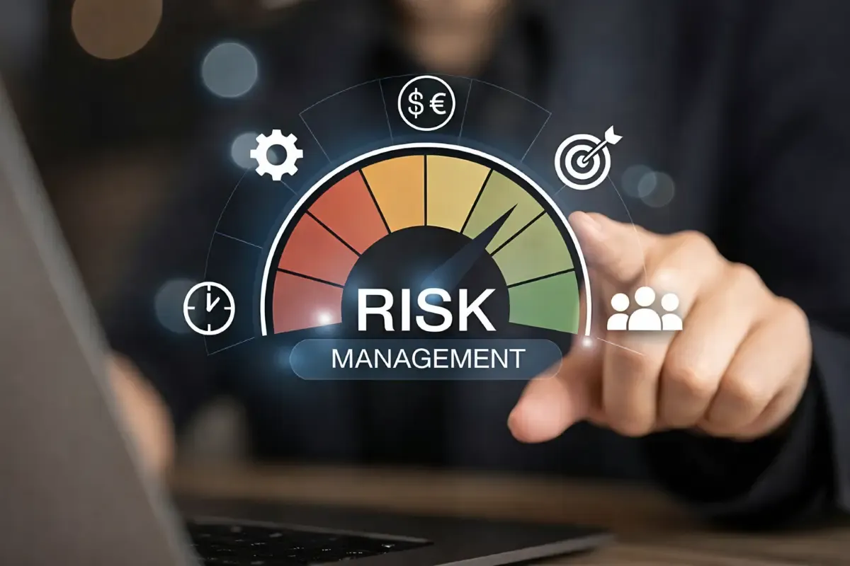 Business professional pointing at a digital risk management gauge with currency icon, highlighting financial risk strategy on a laptop screen background.