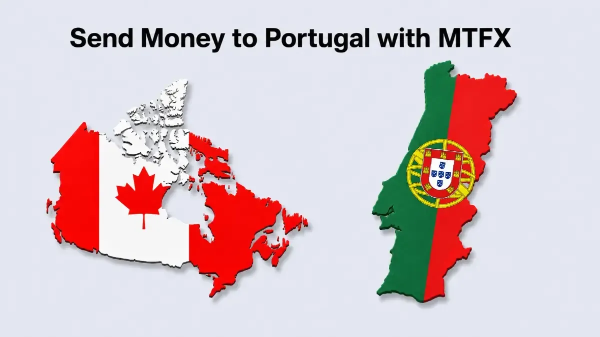 Promotional graphic for MTFX showing a Canada map filled with the Canadian flag beside a Portugal map filled with the Portuguese flag, with the headline “Send Money to Portugal with MTFX.”