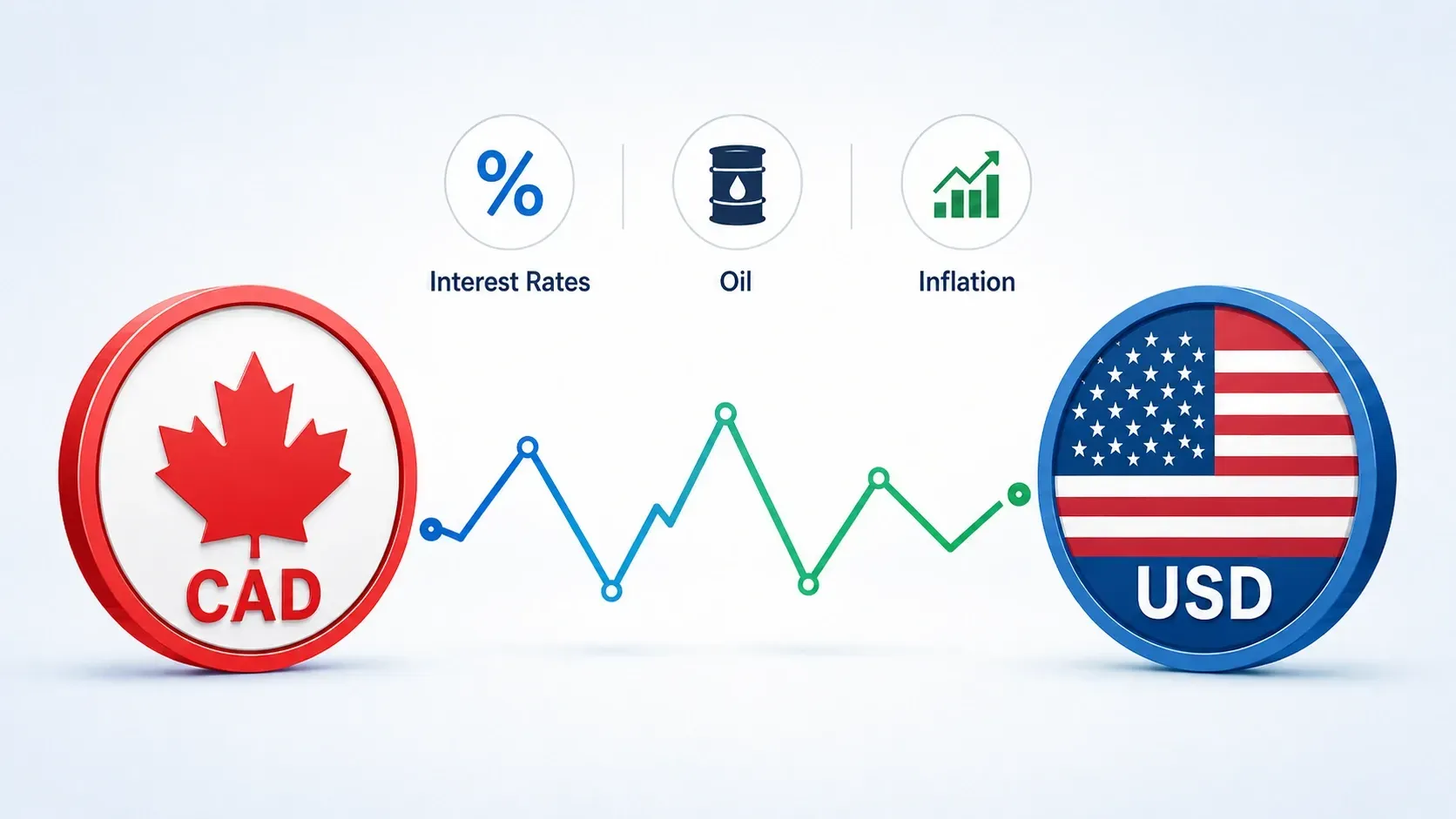 CAD and USD currency symbols with exchange rate graph highlighting interest rates, oil prices, and inflation factors.