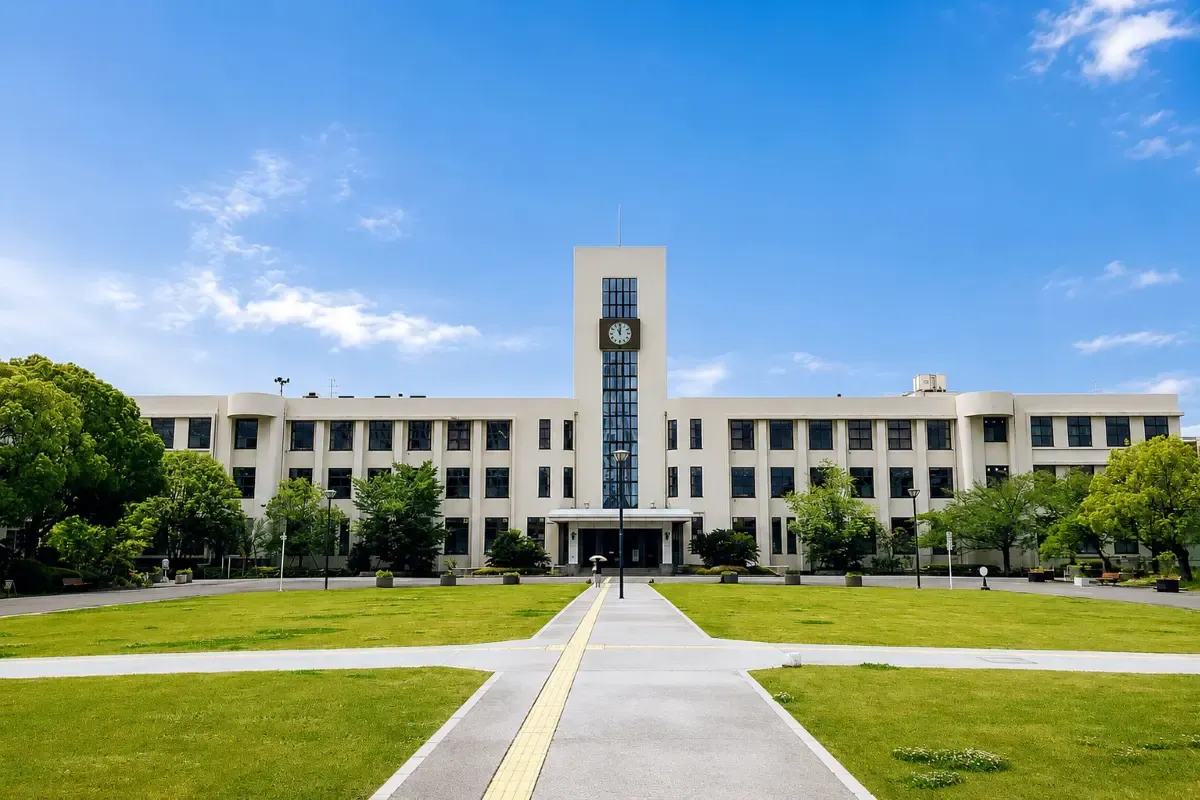 Bright daytime view of Osaka university campus building with a central clock tower, green lawns, trees, and a paved walkway under a vivid blue sky with scattered clouds.