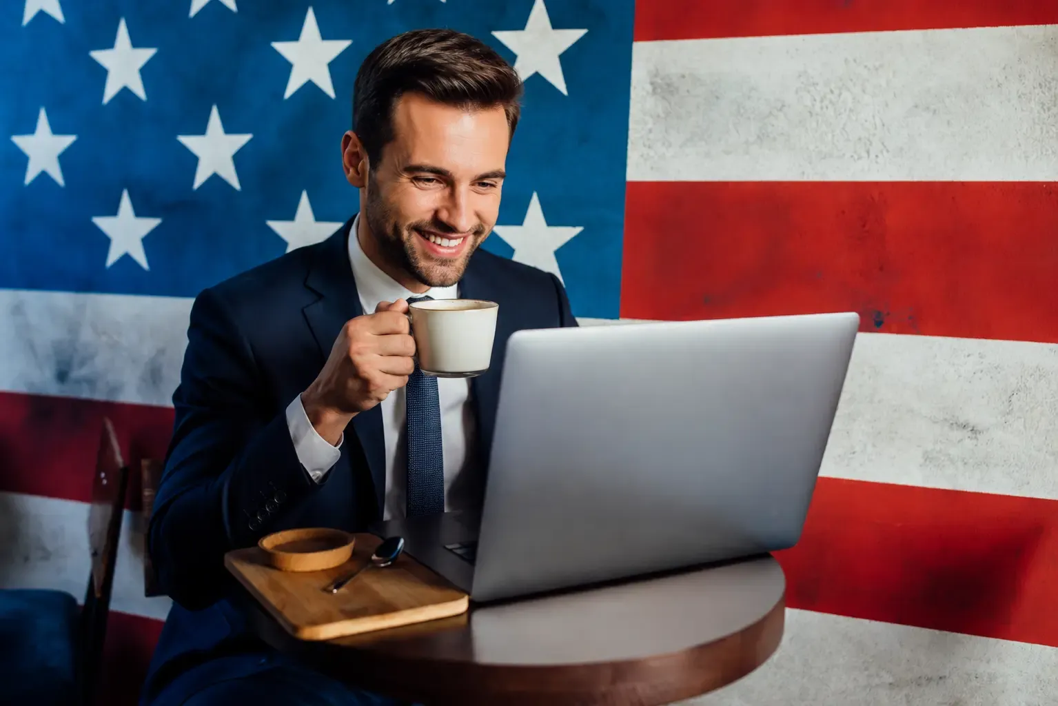 Smiling businessman in a suit using a laptop and holding coffee in front of a US flag, representing convenient online payments to US suppliers.