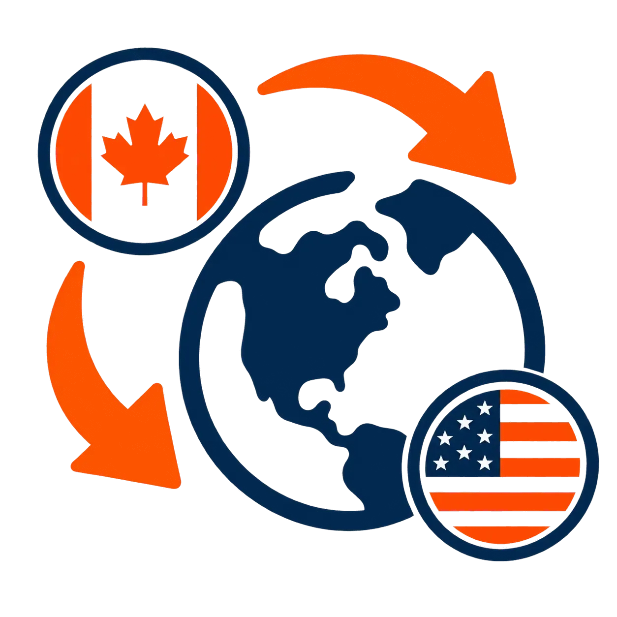 Globe with Canadian and US flags and curved arrows