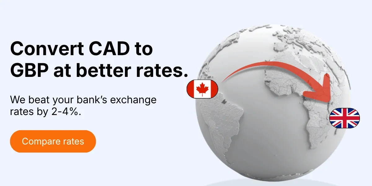 CAD to GBP currency conversion graphic showing Canada to UK money transfer with competitive exchange rates and lower foreign exchange fees through MTFX.