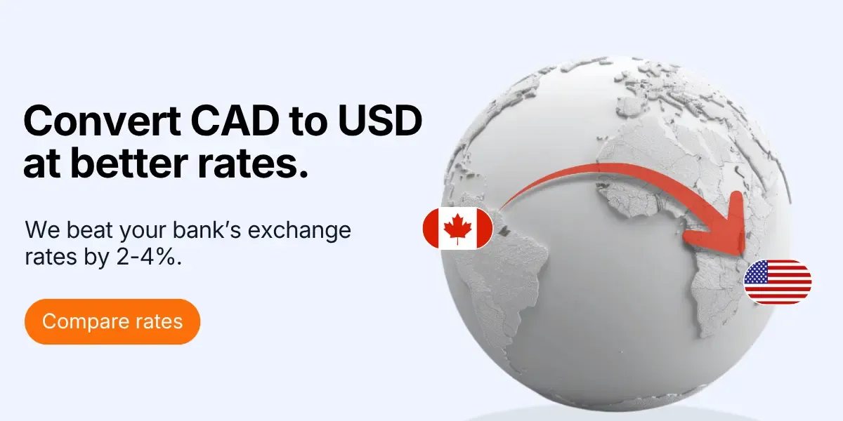 CAD to USD money transfer illustration showing Canada and US flags connected across a globe with messaging about better exchange rates and lower conversion costs.