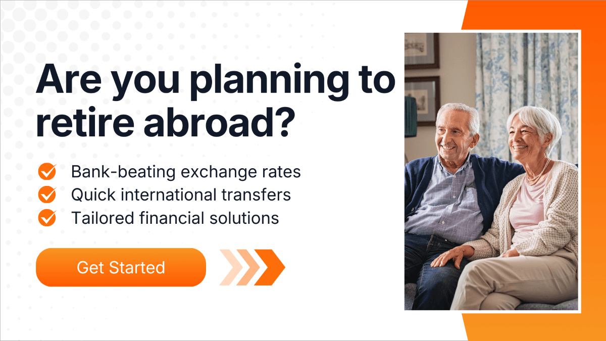 A cheerful elderly couple seated in a cozy living room, paired with text promoting tailored financial solutions, fast transfers, and competitive exchange rates for those planning retirement abroad.