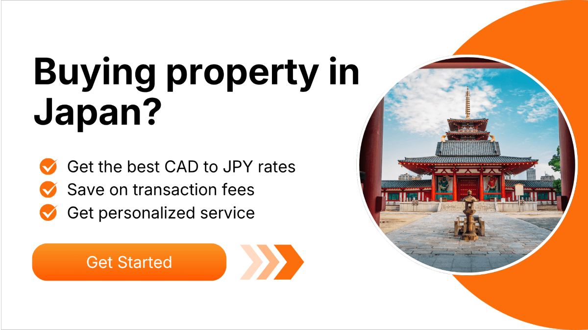 Promotional banner featuring “Buying property in Japan?” with an image of a building and icons highlighting secure transfers and great rates.