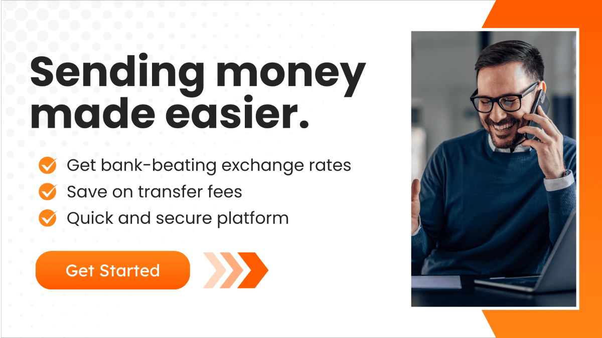 Graphic highlighting easy money transfers with features such as bank-beating exchange rates, savings on transfer fees, and a quick and secure platform. Includes a smiling man talking on the phone.