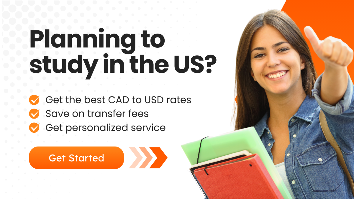 Smiling female student holding notebooks and giving a thumbs-up, beside promotional text encouraging Canadian students to study in the US with better CAD to USD rates, lower transfer fees, and personalized service.