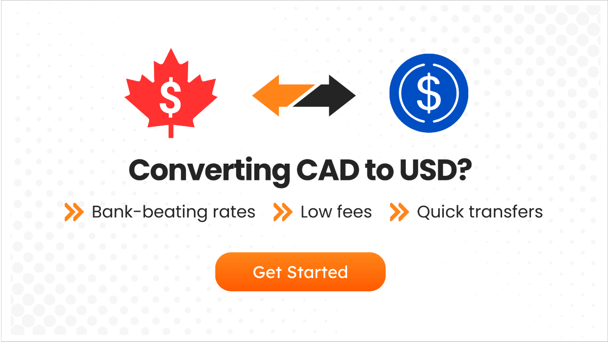 Graphic encouraging conversion of CAD to USD with features like bank-beating rates, low fees, and quick transfers. Includes a button labeled 'Get Started.'