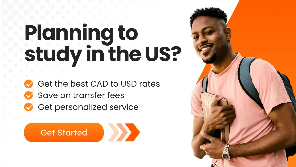 Graphic targeting students planning to study in the US, emphasizing benefits like the best CAD to USD rates, saving on transfer fees, and personalized services