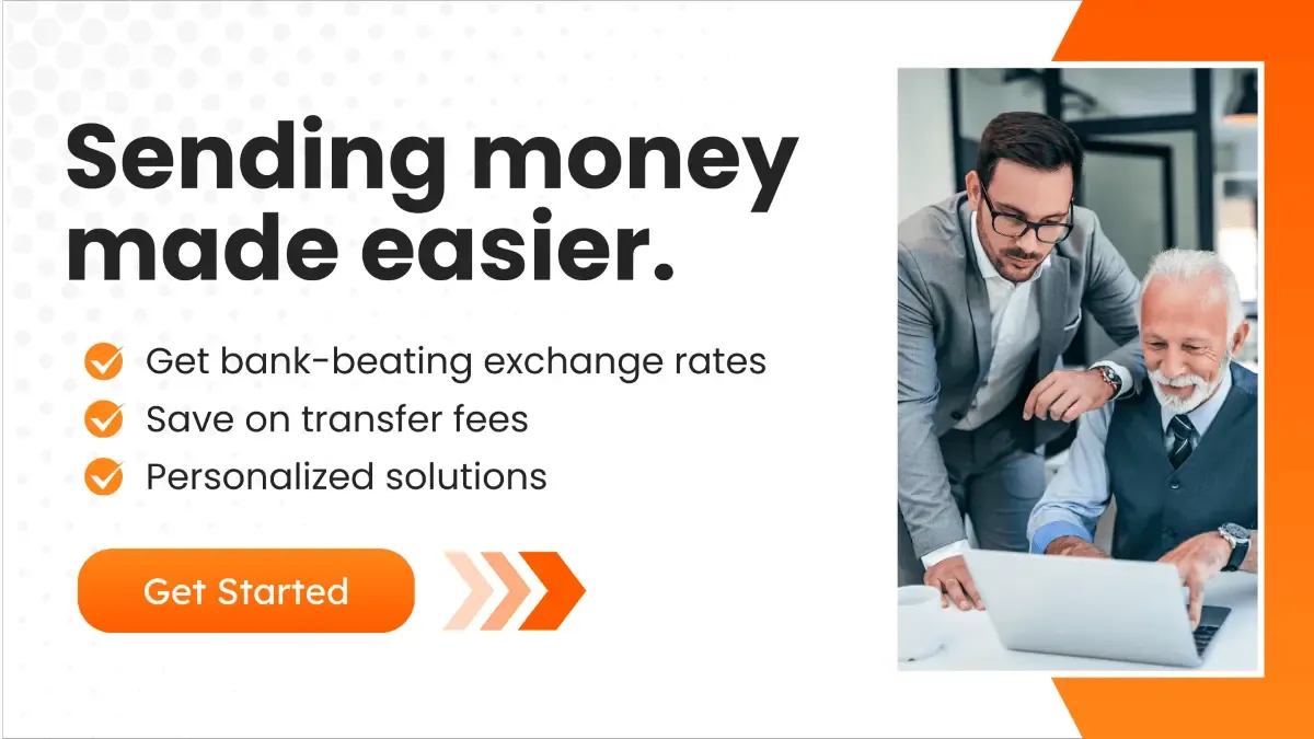 A promotional banner with the text 'Sending money made easier. Get bank-beating exchange rates, save on transfer fees, personalized solutions' accompanied by an image of two professionals.
