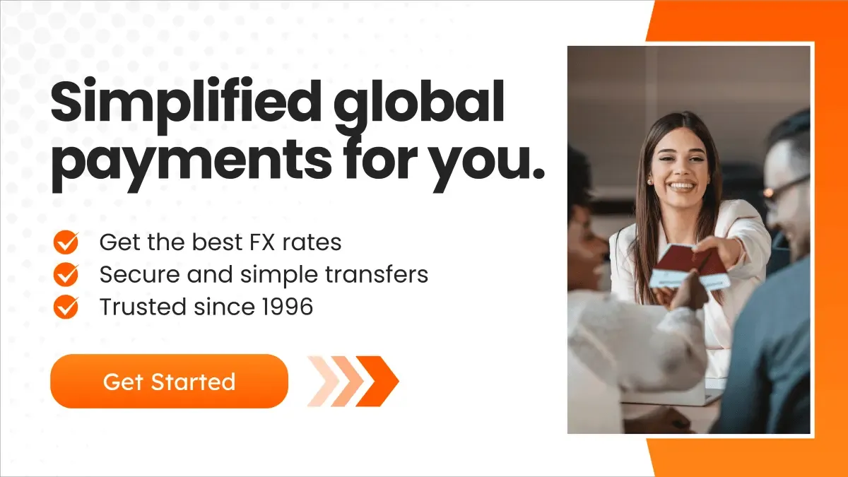 A banner ad advertising simplified global payments with the best FX rates, secure and simple transfers, and a trust since 1996.