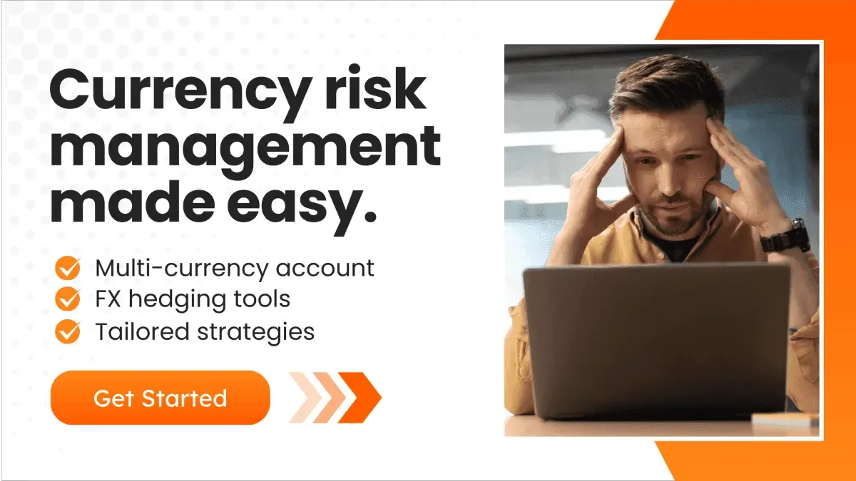 A promotional banner with the text, highlighting MTFX features. Includes an image of a man looking at a laptop with a stressed expression and a 'Get Started' button.