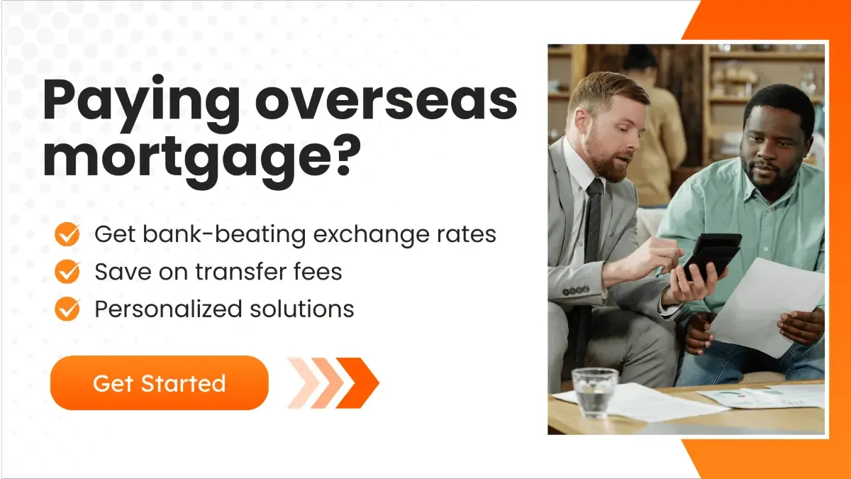 A banner, featuring two professionals reviewing documents, with the text 'Paying overseas mortgage?' followed by bullet points.