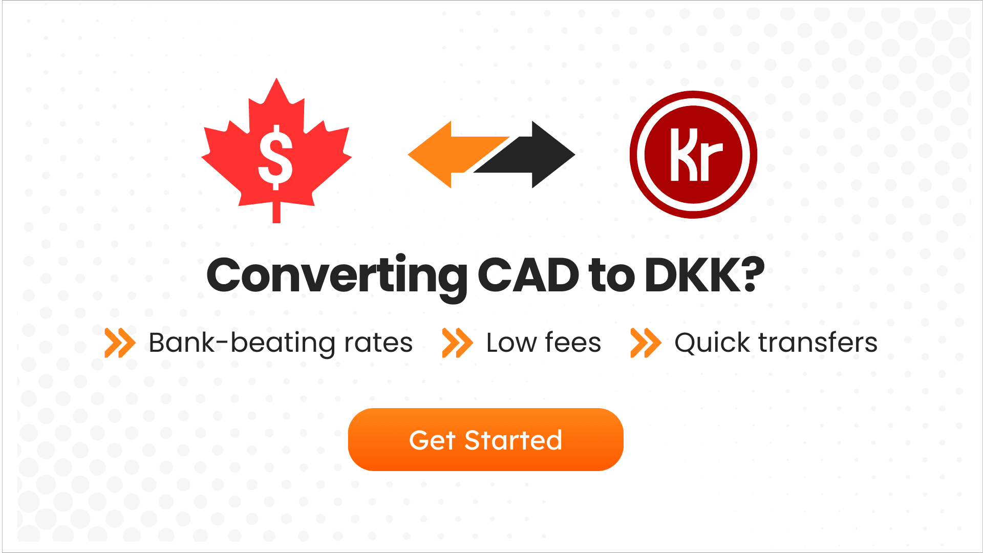 A CTA banner with the CAD and DKK symbol, indicating CAD to DKK conversion, and highlighting benefits of MTFX.