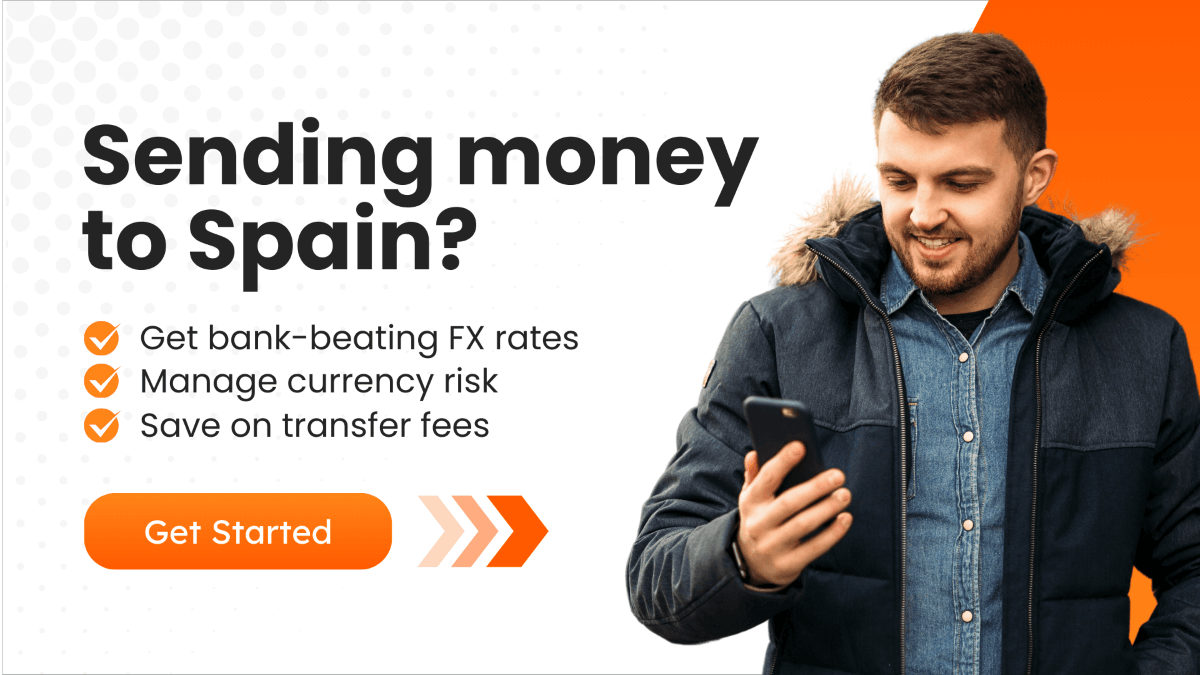 A CTA banner promoting to send money to Spain via MTFX with a button and a happy man in winter clothes. 