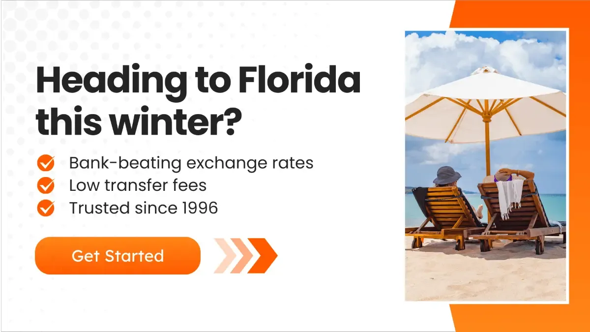 A banner showcasing two lounge chairs under an umbrella on a beach, promoting Florida vacations.