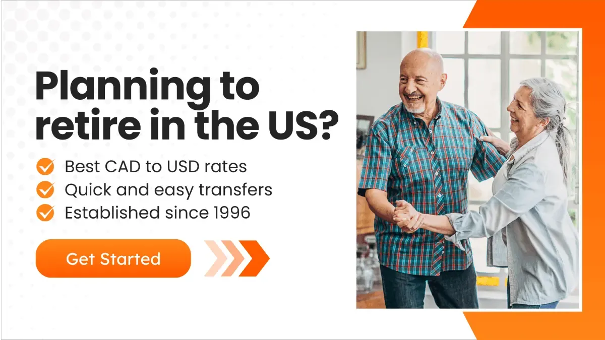 A banner featuring a cheerful older couple dancing, with text offering the best CAD to USD exchange rates, quick transfers, and a "Get Started" button.