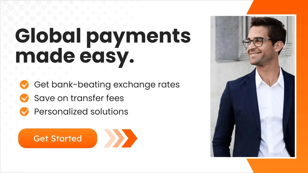 Promotional banner featuring a confident man in a suit with the text 'Global payments made easy,' highlighting benefits of MTFX, along with a 'Get Started' button.