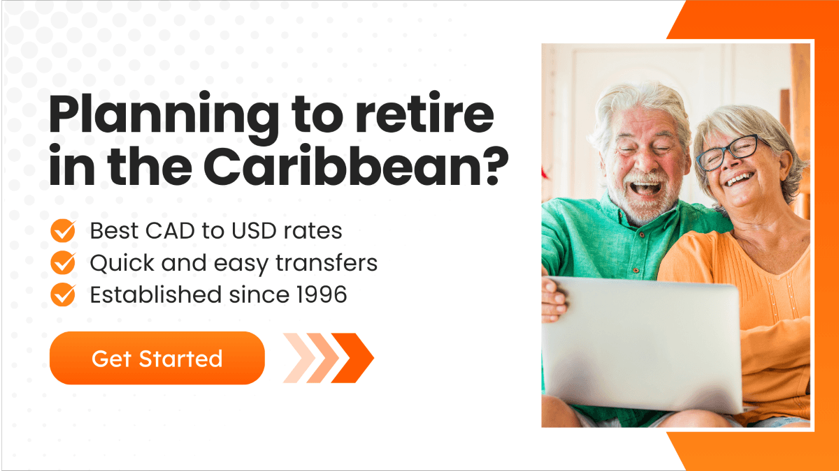 An inviting banner showcasing a happy retired couple using a laptop, with the text "Planning to retire in the Caribbean?" alongside benefits like the best CAD to USD rates, quick transfers, and trusted service since 1996.