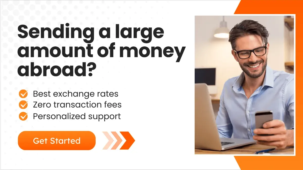 Man smiling while using his smartphone and laptop, with text highlighting benefits of sending large amounts of money abroad: best exchange rates, zero transaction fees, and personalized support.
