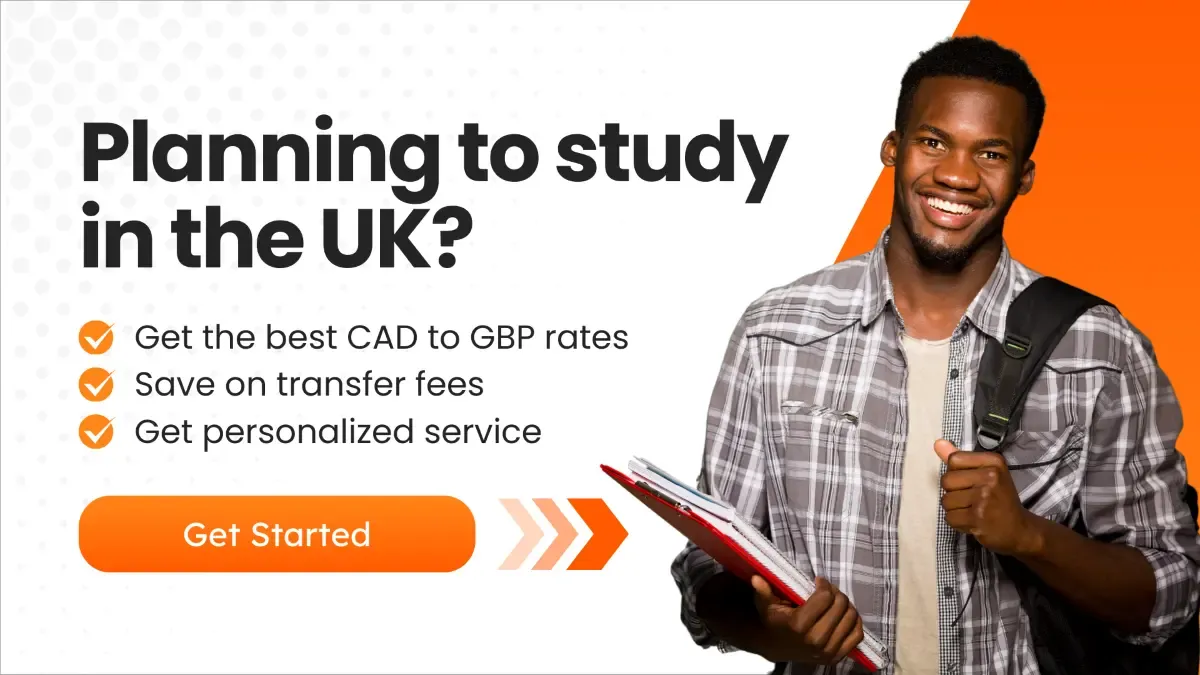 Banner highlighting affordable international tuition payments and exchange services for Canadian students in the UK, with a “Get Started” button.