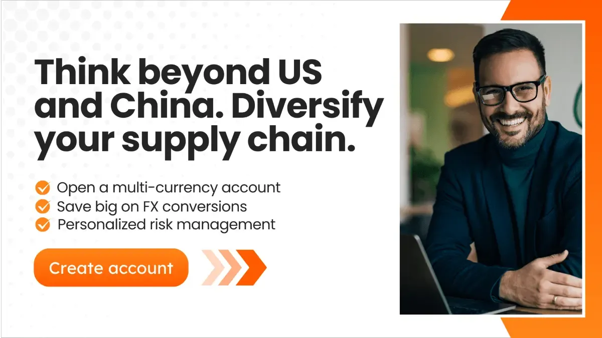 Minimalist banner encouraging supply chain strengthening with a "Get started" button and geometric orange design.