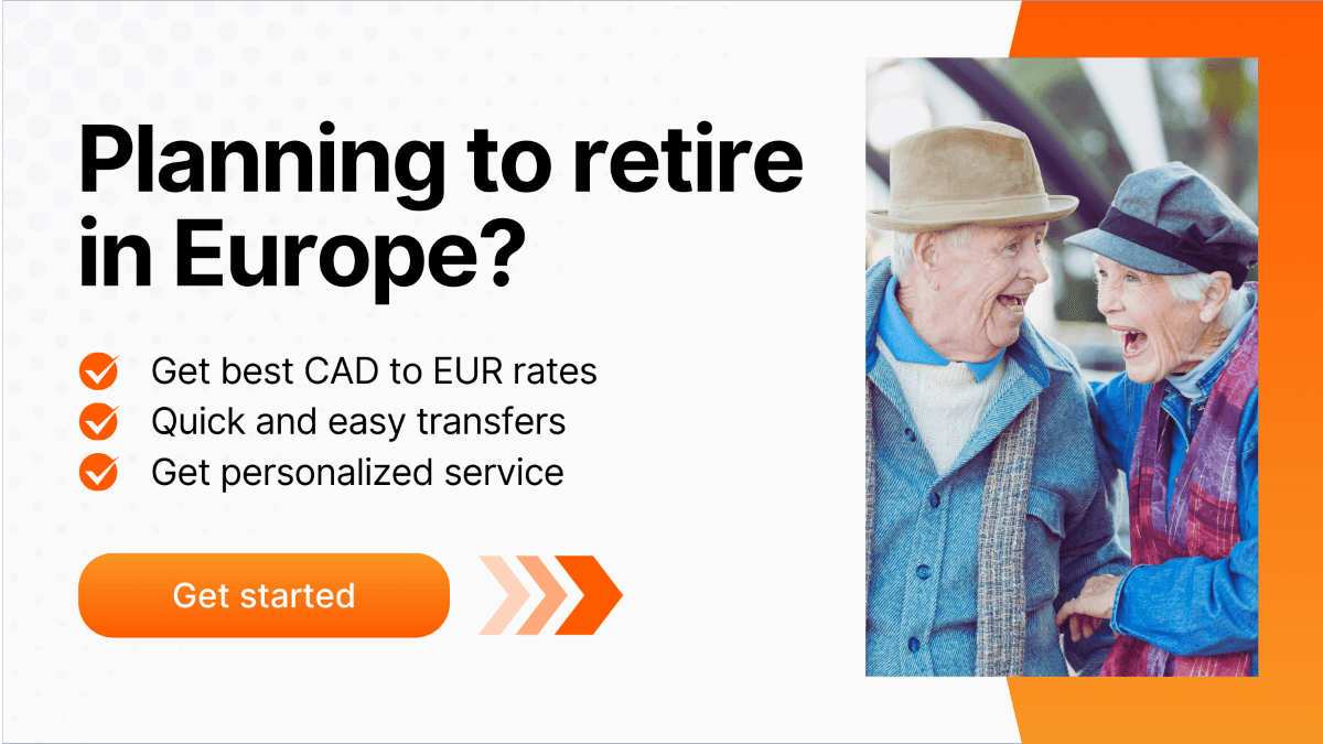 Promotional banner with a cheerful older couple laughing together, highlighting services like best CAD to EUR rates, quick transfers, and over two decades of experience.