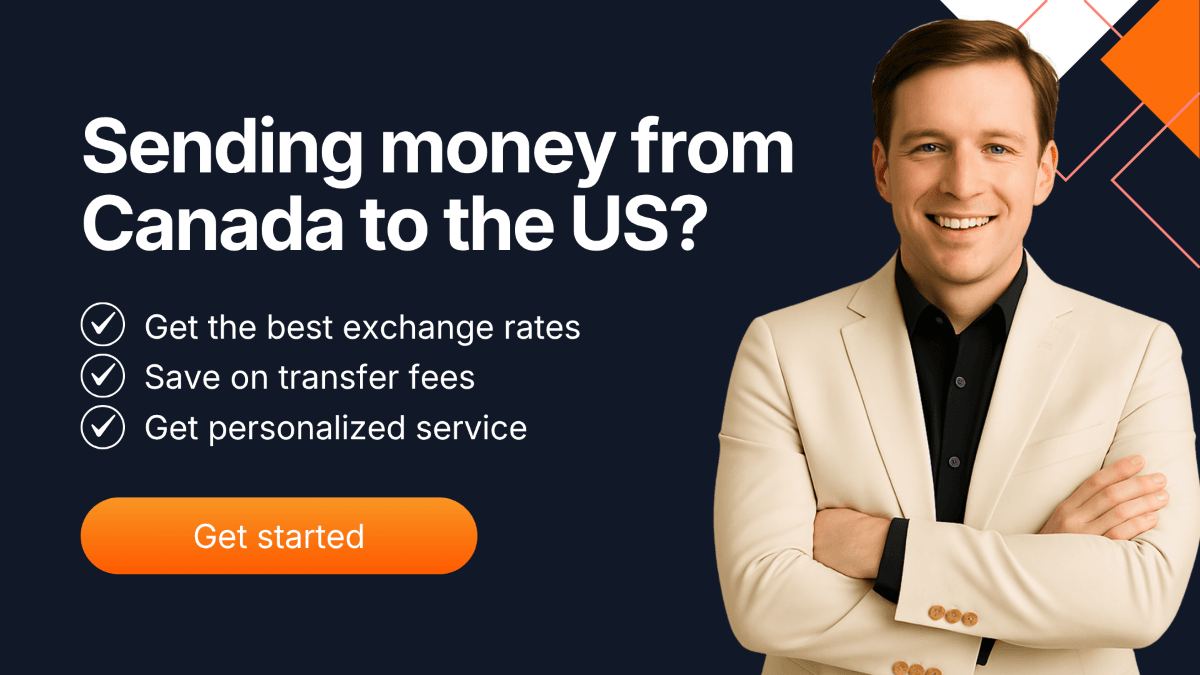 Smiling man in a beige blazer standing confidently beside a promotional banner reading "Sending money from Canada to the US?" with key MTFX benefits and a call-to-action button.