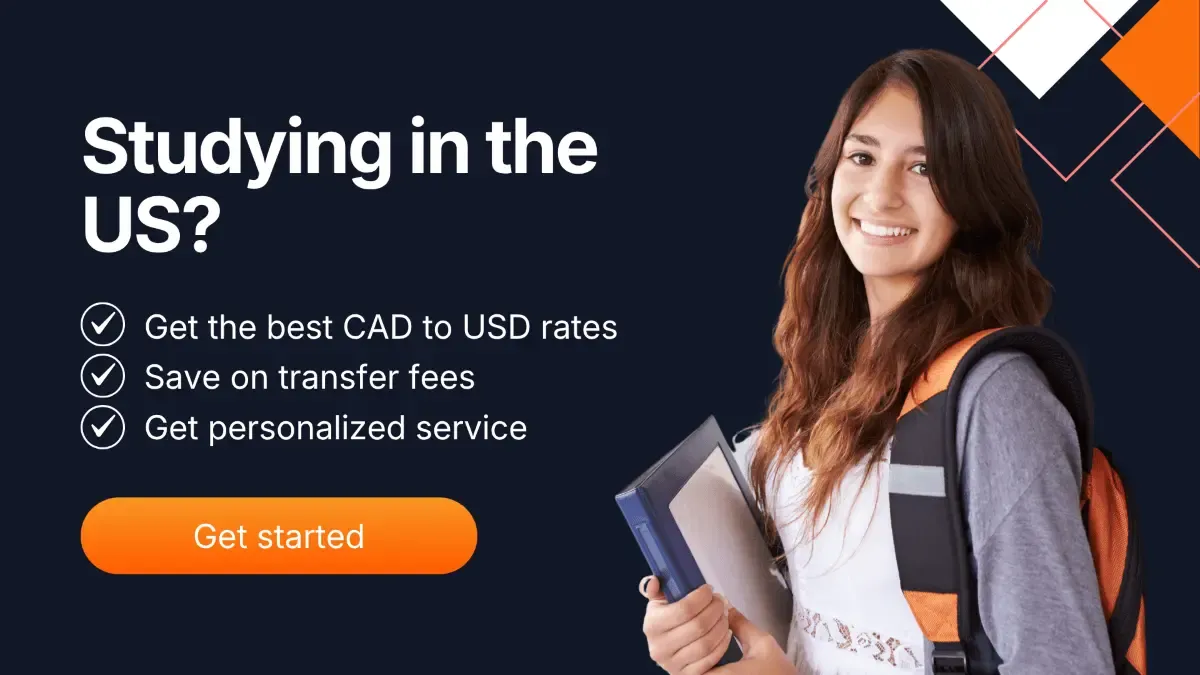 Banner featuring a smiling student with books and backpack, promoting CAD to USD transfers for studying in the US with benefits like better rates, lower fees, and personalized service.